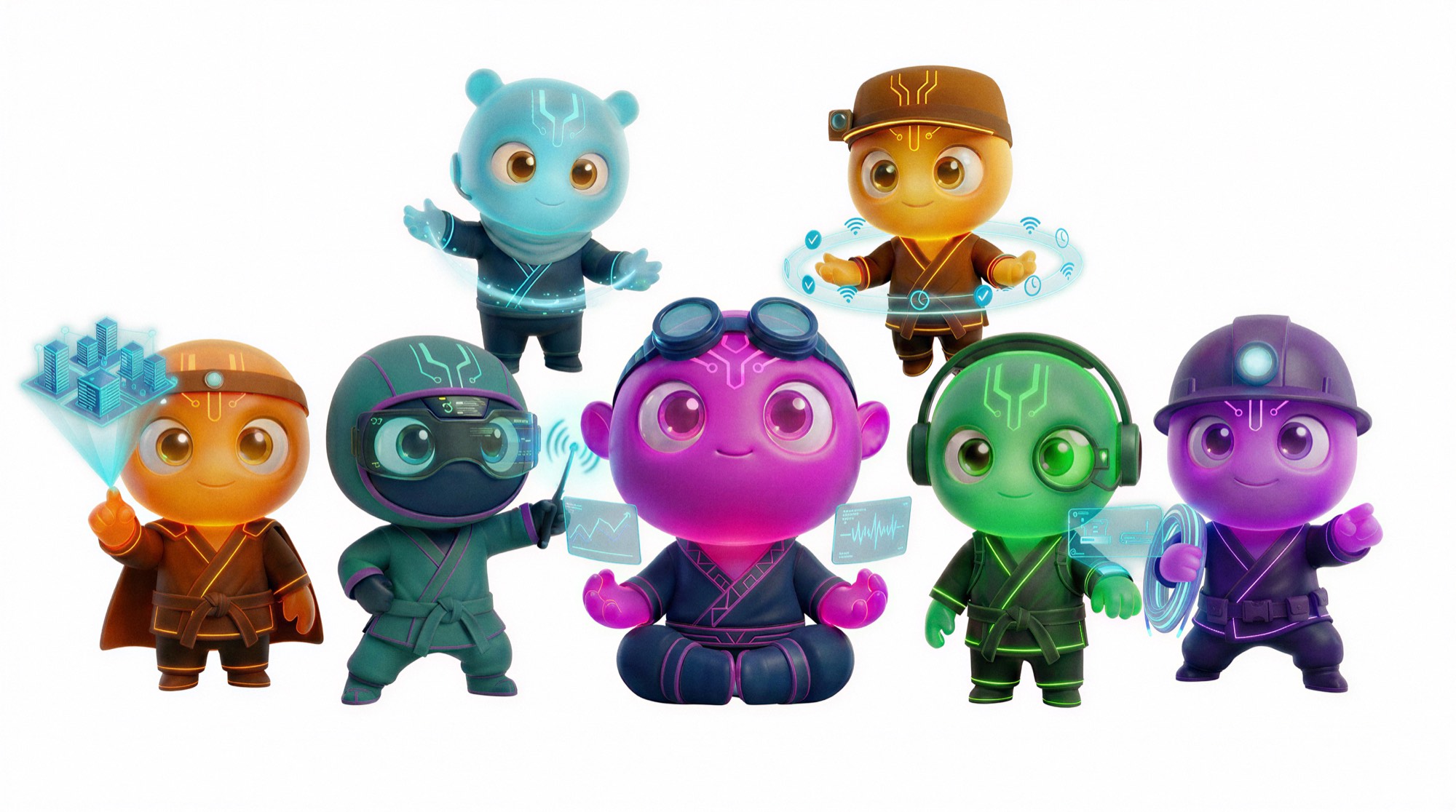 The seven agent characters together, each a different colour