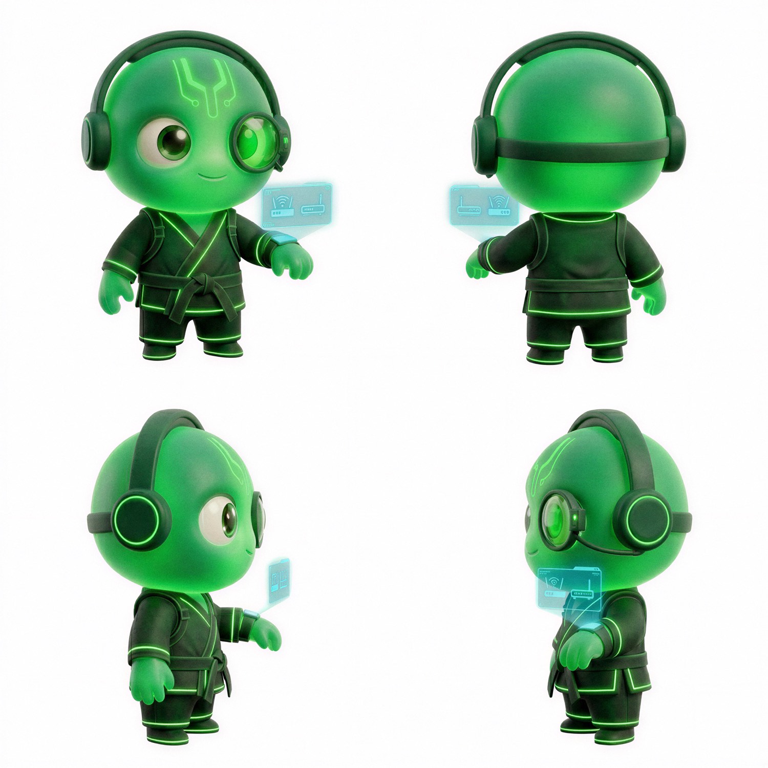 Four-view character turnaround sheet for one agent